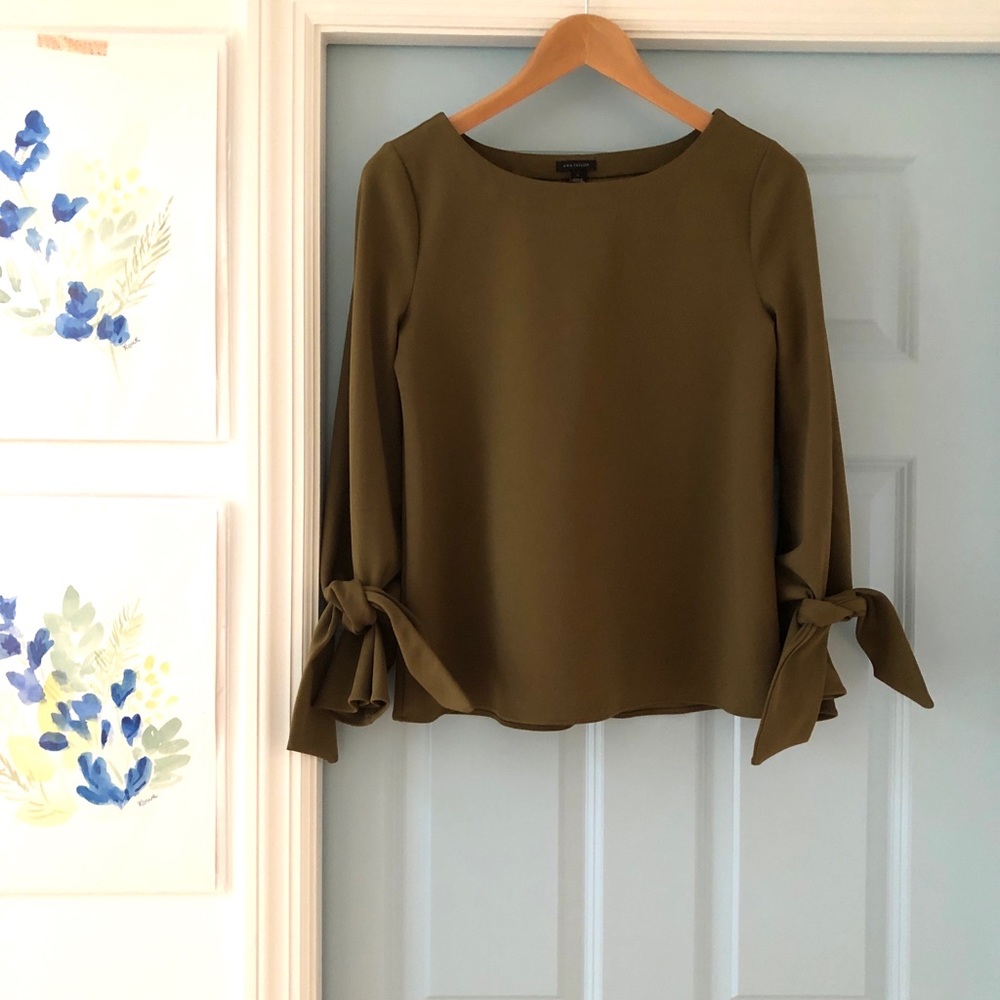 Ann Taylor Olive Long Tie Sleeve Blouse